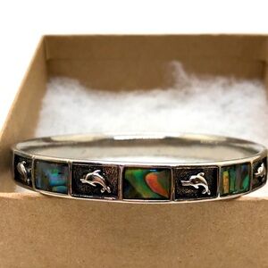 Vtg Monet Abalone Silver Tone Bangle Bracelet Dolphin Details Women's Jewelry